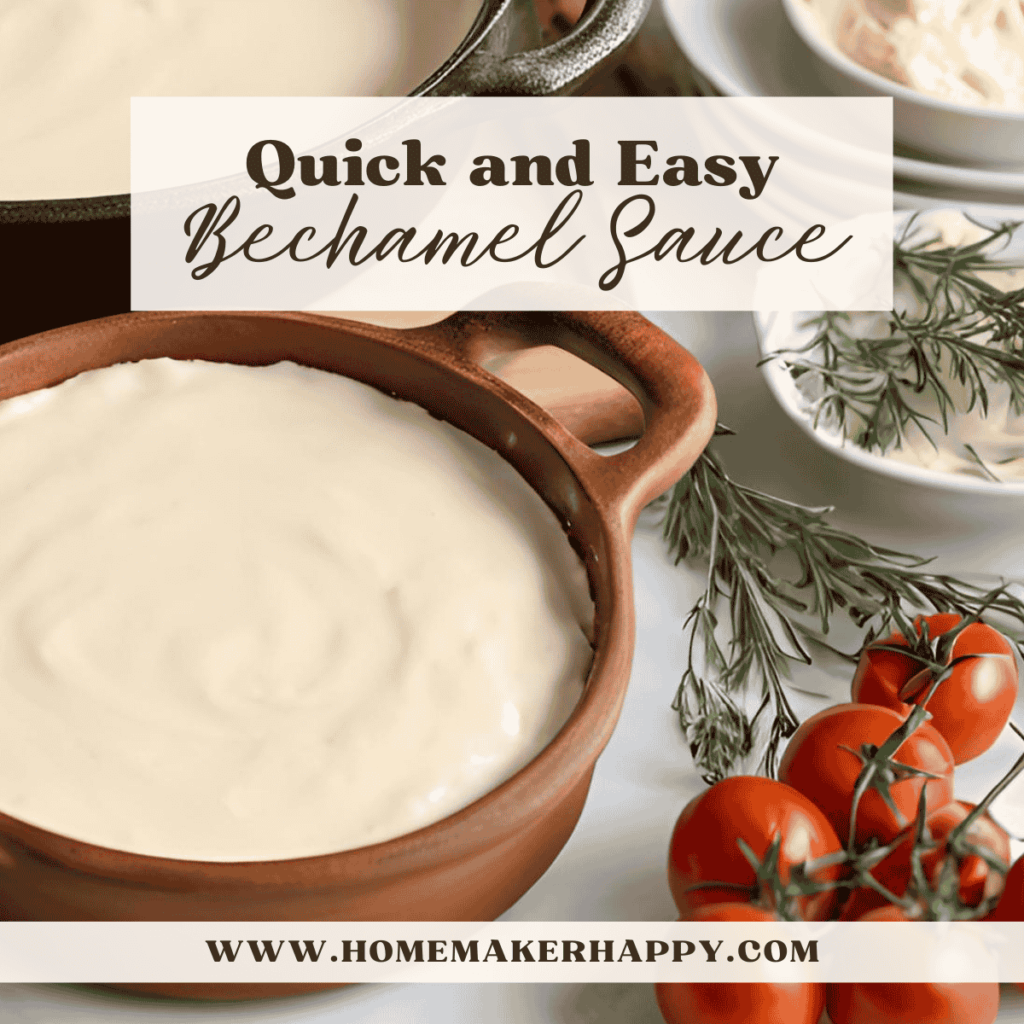 a bowl of creamy bechamel sauce on a french country tablescape